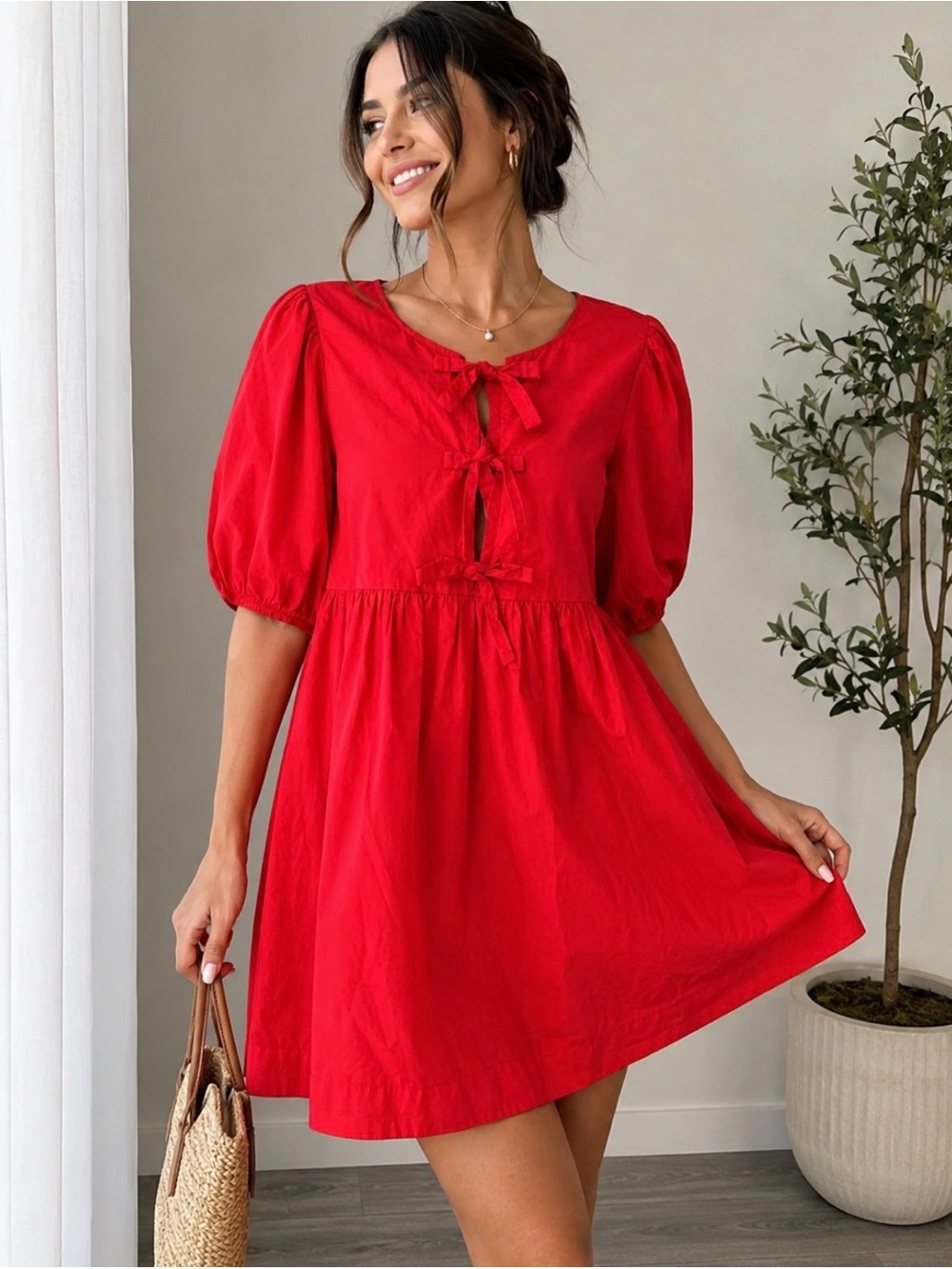 Band Of The Free Scarlet Cotton Poplin Babydoll Bow Tie Front Dress Size Large